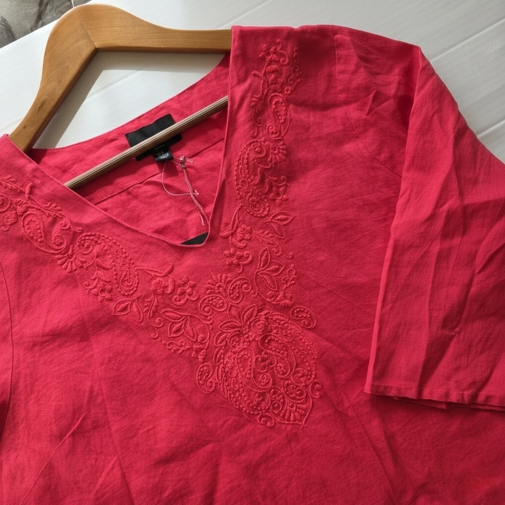 Cynthia Rowley Coral Boho 100% Linen Embroidered Tunic Top Sz 3X Lightweight NWT